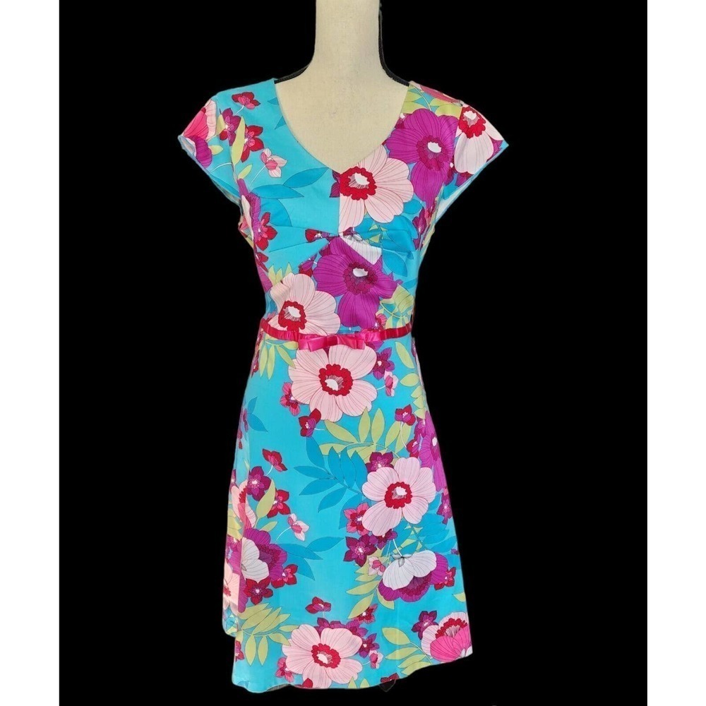 Sangria Womens Dress Size 12 Blue Floral V Neck Short Sleeve Side Zip Lined